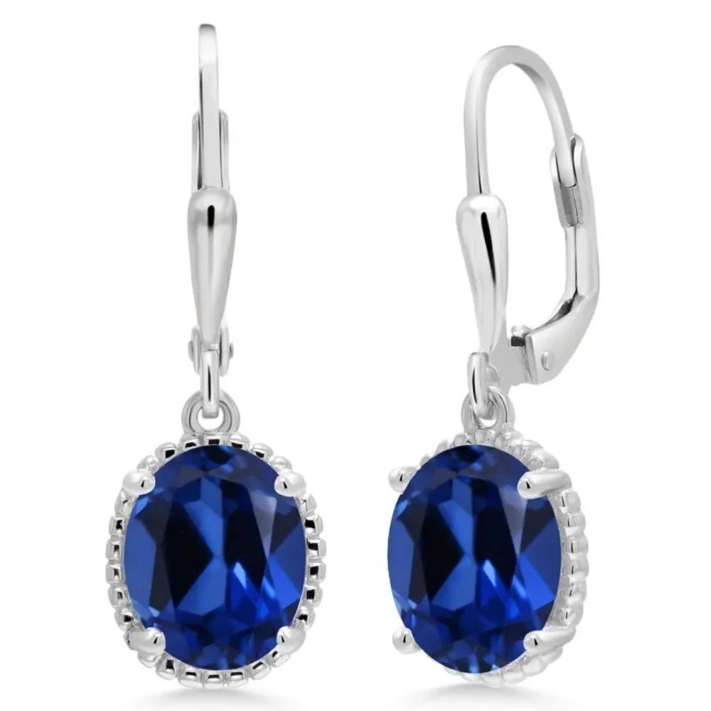 925 Sterling Silver with 4.60 Cttw Royal Blue Sapphire Oval Leverback Earrings